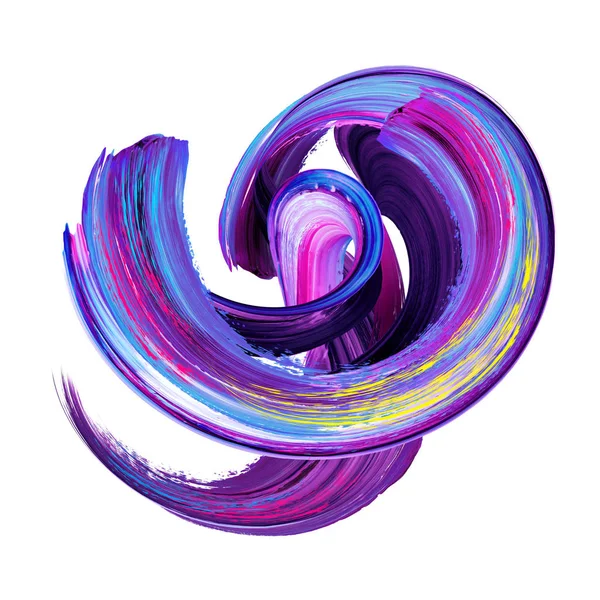 3D render abstracte penseelstreek, artistieke uitstrijkje, violet paars verf splash, gedraaide splatter, kleurrijke curl, spiraal, vortex, levendige lint, clip art ontwerpelement geïsoleerd op wit — Stockfoto