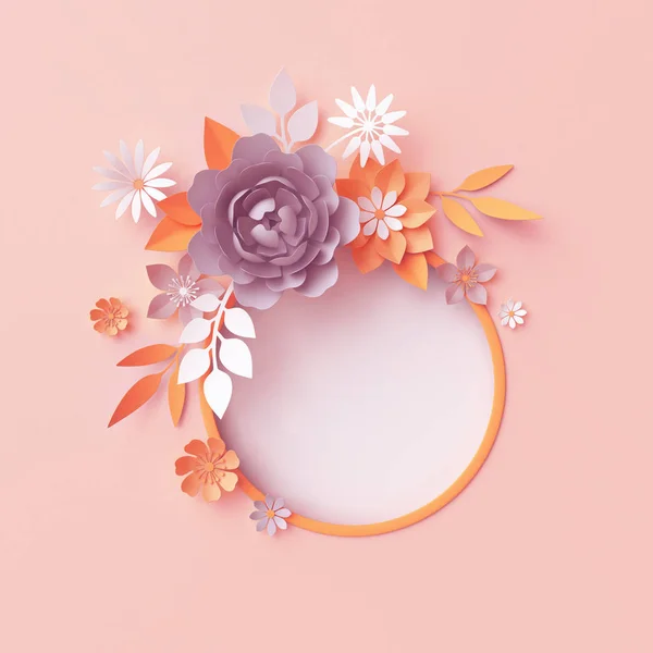 Rendu Fleurs Papier Automne Cadre Rond Botanique Fond Rose Pastel — Photo