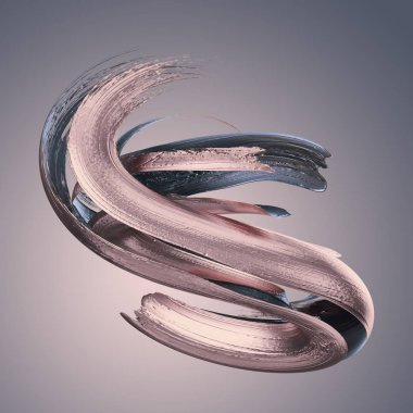 3D render, soyut metalik brushstroke, gümüş boya smear, platin sıçramasına şekli, gül altın, parlak folyo, şerit, izole küçük resim