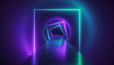 3D render, sanal gerçeklik ortamında, neon ışık, kare portal, tünel, morötesi spectrum, arka plan, lazer gösterisi, moda podyum, yol, yol, yol, sahne, zemin yansıması