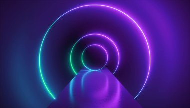 3D render, sanal gerçeklik ortamında, portal, yüzükler, daireler, tünel, morötesi spectrum, arka plan, yuvarlak neon ışık lazer gösterisi, moda Podyum Podyum, yol, sahne, zemin yansıması