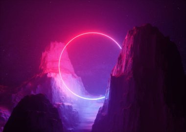 3D render, arka plan, portal, pembe mavi neon ışık, sanal gerçeklik, enerji kaynağı, parlak çerçeve, karanlık yer, morötesi spectrum, lazer yüzük, kayalar, zemin yuvarlak kozmik manzara