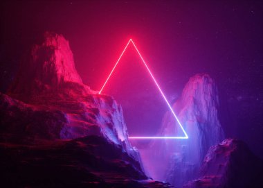 3D render, arka plan, kozmik peyzaj, üçgen portal, pembe mavi neon ışık, sanal gerçeklik, enerji kaynağı, parlayan dört, karanlık yer, morötesi spectrum, lazer üçgen, kayalar, zemin