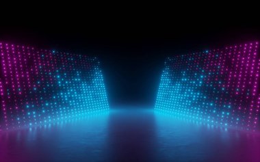 3D render, arka plan, ekran piksel, parlak nokta, neon ışıkları, sanal gerçeklik, morötesi spectrum, pembe mavi canlı renkler, podyum moda podyum, lazer gösterisi, sahne, izole üzerinde siyah