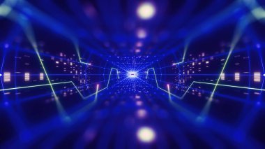 3D render, renkli neon sanal gerçeklik tünel, geometrik arka plan. Neon mavi çizgiler ve noktalar sanal verilerle. Oyuncu Vr oyun başlar. VR deneyim. Alan derinliği ile göster.