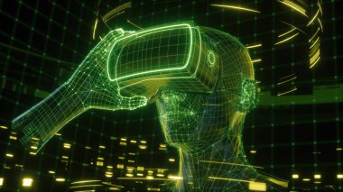 3D render, visualization of a man holding virtual reality glasses, electronic device, head surrounded by virtual data with neon green grid. Player one ready for the VR game. Virtual experience. clipart