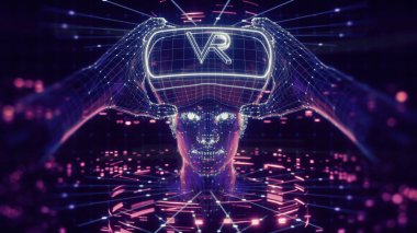 3D render, visualization of a man wearing virtual reality glasses, electronic head device, avatar, virtual data, ultraviolet grid, neon light. User interface. Player one ready for the game. clipart