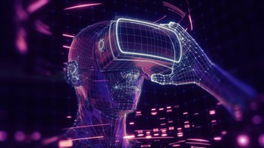 3D render of virtual man holding virtual reality glasses surrounded by virtual data with neon ultraviolet lines. Player begins the VR game. VR experience. clipart