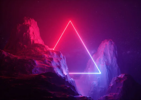 Render Abstrait Background Cosmic Landscape Triangular Portal Pink Blue Neon — Photo