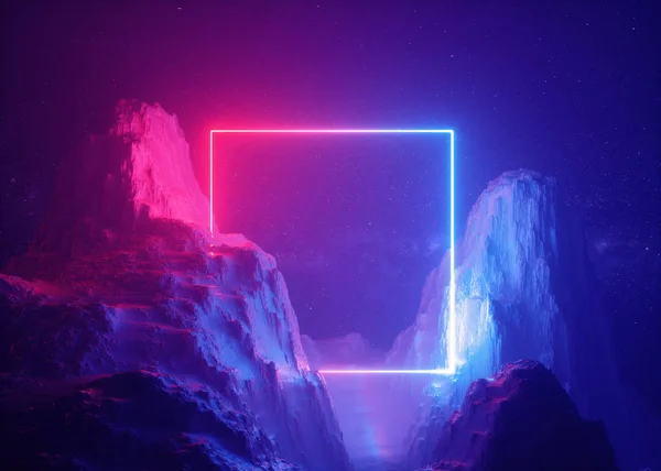 Render Abstrakter Hintergrund Kosmische Landschaft Quadratisches Portal Rosa Blaues Neonlicht — Stockfoto