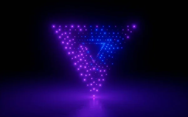 3d render, abstract background, ultraviolet spectrum, triangle portal, glowing dots, screen pixels, neon lights, virtual reality, purple vibrant colors, laser show, isolated on black, floor reflection
