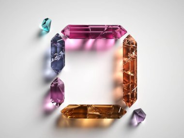 3D render, izole beyaz arka plan, reiki şifa mineraller, mistik kuvars, kaba nuggets, yönlü moda değerli taşlar, yarı değerli taşlar, kare kare, boş yer üzerinde renkli ruhani kristalleri