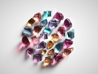 3D render, çeşitli renkli ruhani kristalleri izole beyaz arka plan, moda duvar kağıdı, reiki şifa kuvars, kaba nuggets, yönlü değerli taşlar, yarı değerli taşlar, şekil yuvarlak