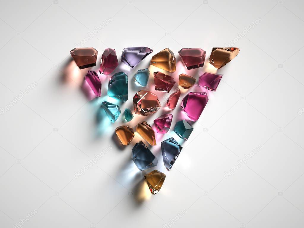 3d render, assorted colored spiritual crystals isolated on white background, reiki healing quartz, mystical triangle, rough nuggets, faceted fashionable gemstones, semiprecious gems, triangular shape