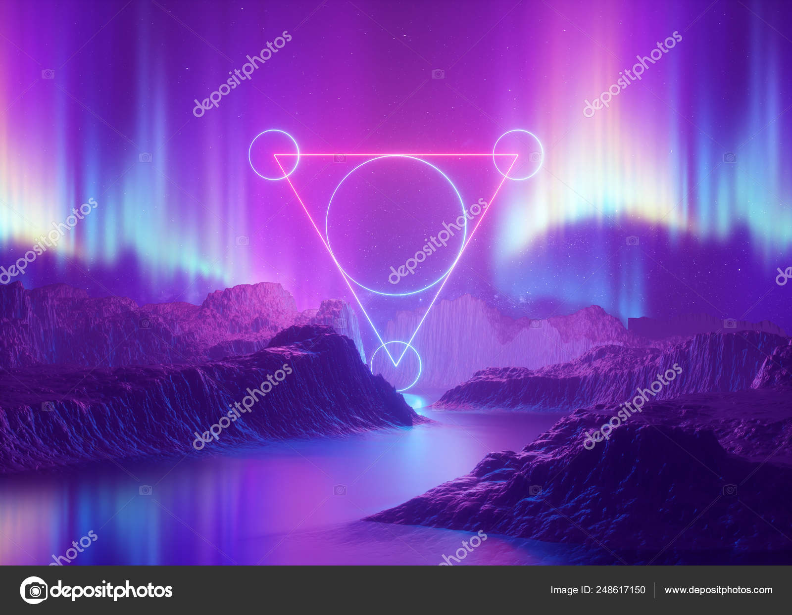 3d gjengitt, abstrakt bakgrunn, kosmisk landskap, nordlys, trekantet  portal, rosa blått neonlys, virtuell virkelighet, energi, glødende  triangelramme, ultraviolett spektrum, laser brukergrensesnitt – stockfoto ©  wacomka #248617150, image size:1600x1243