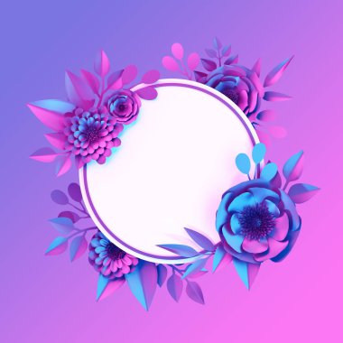 3D render, pembe mavi neon kağıt çiçekler, yuvarlak kare, çelenk, çiçek tasarım, holografik botanik arka plan, morötesi spectrum, tebrik kartı boş duvar kağıdı moda