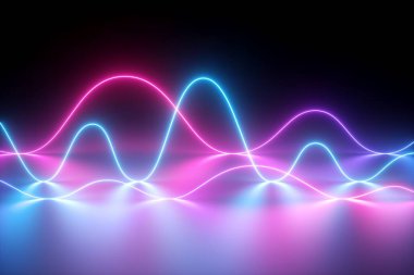 3D render, neon ışık, lazer gösterisi, dürtü, grafik, morötesi spectrum, darbe enerji hatları, kuantum enerji, pembe mavi mor parlak dinamik çizgi, arka plan, yansıma
