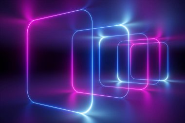 3D render, arka plan, ultraviyole neon ışık, holografik teknoloji, tünel, yuvarlatılmış kare kare, sanal ekran, alan portal, sanal gerçeklik ortamında, pembe mavi spectrum, lazer gösterisi