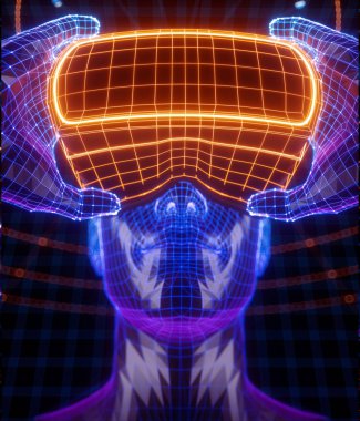 3D render sanal adamın sanal gerçeklik gözlükleri sanal veri neon turuncu çizgi ve noktalar ile çevrili tutarak. Oyuncu Vr oyun başlar. VR deneyimi.