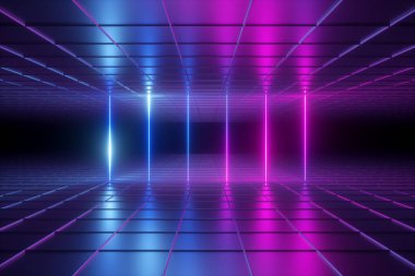 3D render, arka plan, boş oda, gece kulübü aşaması, neon ışıkları, sanal gerçeklik ortamında, kılavuz, morötesi spectrum, lazer gösterisi, parlak çizgiler, kafes,