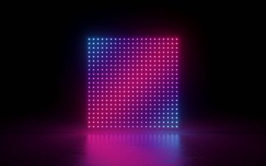 3D render, arka plan, kare ekran, piksel, neon ışıkları, sanal gerçeklik, morötesi spectrum, pembe mavi canlı renkler, lazer gösterisi moda podyum, siyah, zemin yansıması izole