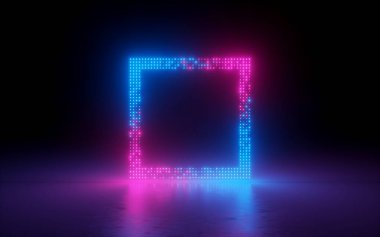 3D render, arka plan, ekran piksel, parlak nokta, neon ışık, sanal gerçeklik, morötesi spectrum, pembe mavi canlı renkler, lazer gösterisi, siyahta izole kare çerçeve