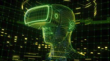 3D render sanal adamın sanal gerçeklik gözlüklü sanal veri neon yeşil çizgiler ve noktalar ile çevrili. Oyuncu Vr oyun başlar. VR deneyimi.