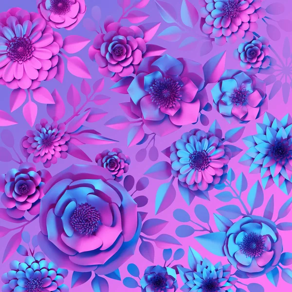 3d render, rosa fiori di carta blu al neon, disegno floreale, sfondo botanico olografico, spettro ultravioletto, carta da parati moda — Foto Stock