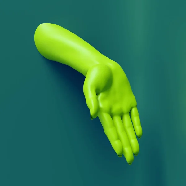 3D render, vrouwelijke hand geïsoleerd op emerald achtergrond sieraden winkel display, neon groen etalagepop lichaamsdeel, Toon, presentatie, minimale mode achtergrond — Stockfoto