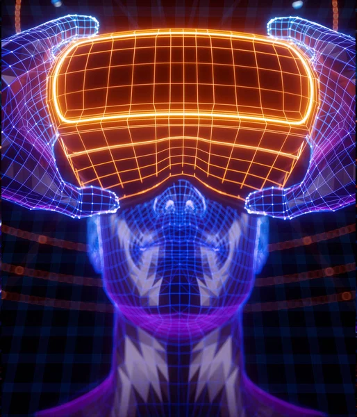 Representación 3D del hombre virtual sosteniendo gafas de realidad virtual rodeadas de datos virtuales con líneas y puntos de color naranja neón. El jugador comienza el juego VR. Experiencia VR . — Foto de Stock