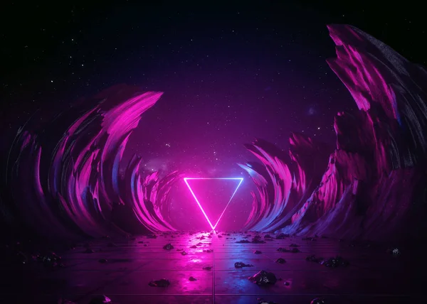 3d render, abstrait background, cosmic landscape, triangular portal, pink blue neon light, virtual reality, energy source, glowing quad, dark space, ultraviolet spectrum, laser triangle, rocks, ground — Photo