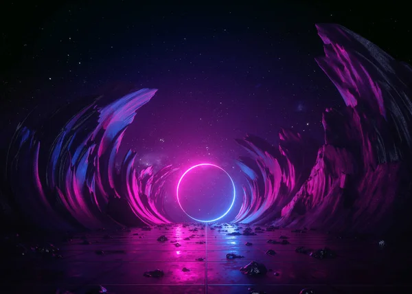 3d render, abstrait background, cosmic landscape, round portal, pink blue neon light, virtual reality, energy source, glowing round frame, dark space, ultraviolet spectrum, laser ring, rocks, ground — Photo