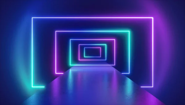 3d render, virtual reality environment, neon light, rectangular portal, tunnel, ultraviolet spectrum, abstract background, laser show, fashion catwalk podium, path, way, stage, floor reflection — 图库照片