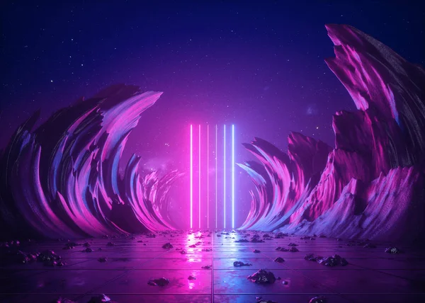 3D-Render, abstrakter Hintergrund, kosmische Landschaft, Alienportal, rosa blaues Neonlicht, virtuelle Realität, Energiequelle, glühende Laserlinien, dunkler Raum, ultraviolettes Spektrum, Berge, Felsen, Boden — Stockfoto