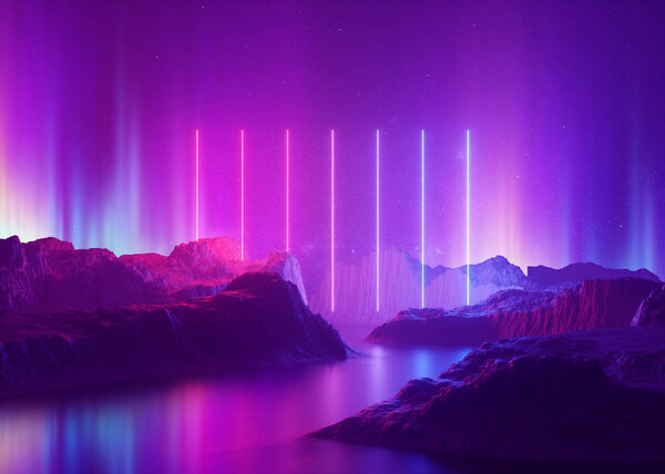 3d render, abstract background, cosmic landscape, aurora borealis, pink blue neon light, virtual reality, energy source, glowing laser lines, space, ultraviolet spectrum, mountain rocks, ground