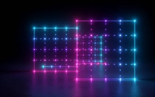 3d render, abstract background, screen, grid, network, glowing dots, neon lights, virtual reality, ultraviolet spectrum, pink blue vibrant colors, laser show, isolated on black — Stock Photo, Image