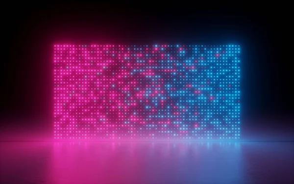 3D render, arka plan, parlak nokta, piksel, neon ışıkları, sanal gerçeklik, pembe mavi spectrum, canlı renkleri, moda podyum, lazer gösterisi, siyah, zemin yansıması izole