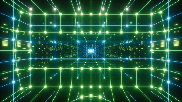 Renderowania 3D, kolorowe neon tunelu wirtualnej rzeczywistości, streszczenie tło geometrycznych. Wirtualnych danych z neon zielony niebieski linii i kropek. Gracz rozpoczyna grę Vr. VR doświadczenie. Model szkieletowy. — Zdjęcie stockowe