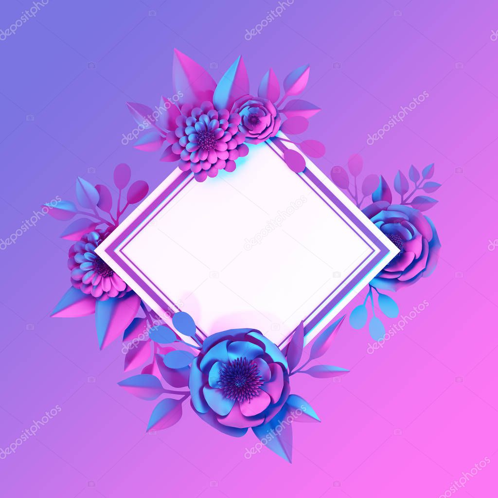 3d render, pink blue neon paper flowers, blank greeting card, square frame, wreath, floral design, holographic botanical background, ultraviolet spectrum, fashion wallpaper