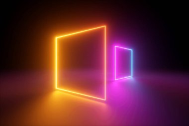 3D render, Sarı Pembe kareler, neon ışık, boş çerçeveler, ultraviyole arka plan, parlak çizgiler, portal, canlı renkler, boş sanal windows, gece kulübü iç, moda podyum