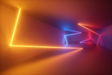 3D render, sarı kırmızı mavi neon ışık, ultraviyole arka plan, dinamik parlak çizgiler, psychedelic sahne, canlı renkler, boş oda, tünel, koridor, gece kulübü iç