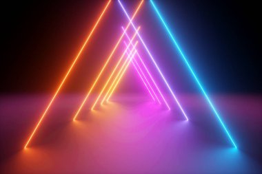 3D render, sarı pembe mavi neon ışık, ultraviyole arka plan, üçgen şekli, dinamik parlak çizgiler, psychedelic canlı renkler, gösteri sahne, tünel, koridor, gece kulübü iç