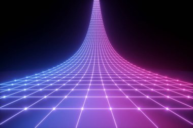 3D render, pembe mavi neon ışık, ultraviyole arka plan, lazer kılavuz, sanal ağ, parlak çizgiler