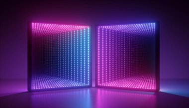 3D render, ultraviyole arka plan, pembe mavi neon ışık, kare portal, sanal gerçeklik, enerji kaynağı, boş alan, lazer gösterisi, ışıklı
