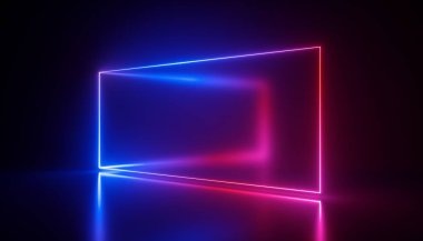 3D render, neon ışıkları, ultraviyole arka plan, lazer gösterisi, dikdörtgen boş çerçeve, sanal gerçeklik ekran, parlak çizgiler, zemin yansıması, canlı renkler