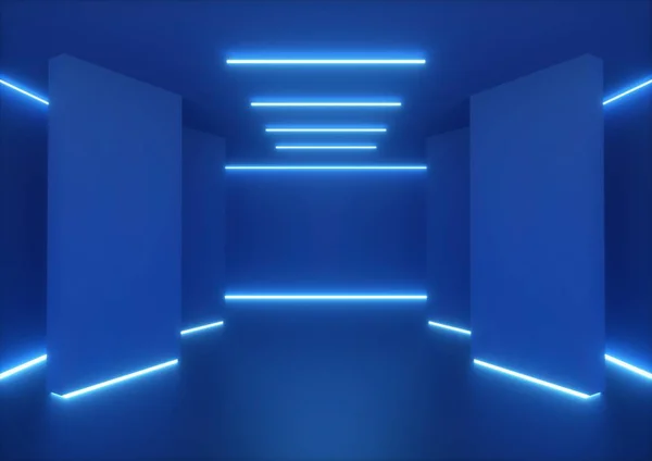 Rendering 3d, stanza vuota, pareti del tunnel, luce blu al neon, sfondo ultravioletto astratto, linee luminose, palcoscenico di moda, colori vivaci, corridoio, interno del night club — Foto Stock