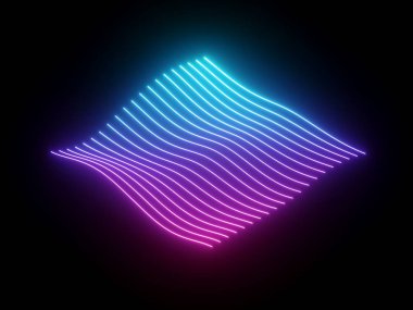 3D render, pembe mavi dalgalı neon çizgiler, elektronik müzik sanal ekolayzer, ses dalgası görselleştirme, ultraviyole ışık arka plan