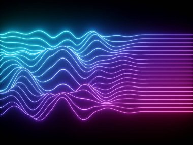 3D render, pembe mavi dalgalı neon çizgiler, elektronik müzik sanal ekolayzer, ses dalgası görselleştirme, ultraviyole ışık arka plan