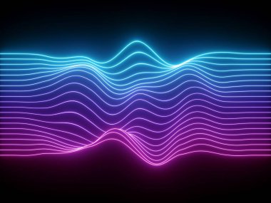 3D render, pembe mavi dalgalı neon çizgiler, elektronik müzik sanal ekolayzer, ses dalgası görselleştirme, ultraviyole ışık arka plan