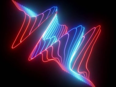 3D render, kırmızı mavi dalgalı neon çizgiler, elektronik müzik sanal ekolayzer, ses dalgası görselleştirme, ultraviyole ışık arka plan